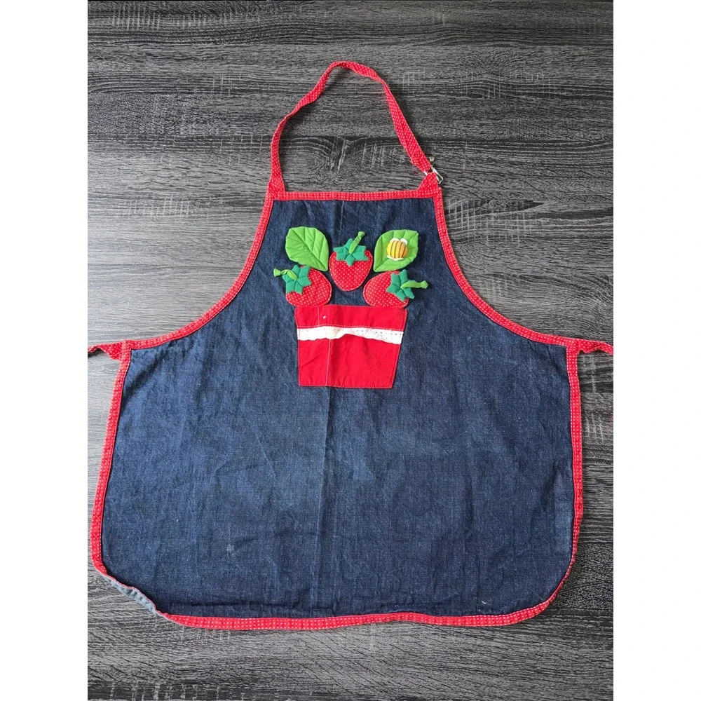 Vintage‎ House of Hatten Denim Strawberry Apron Red Polka Dot 3D Applique Bee